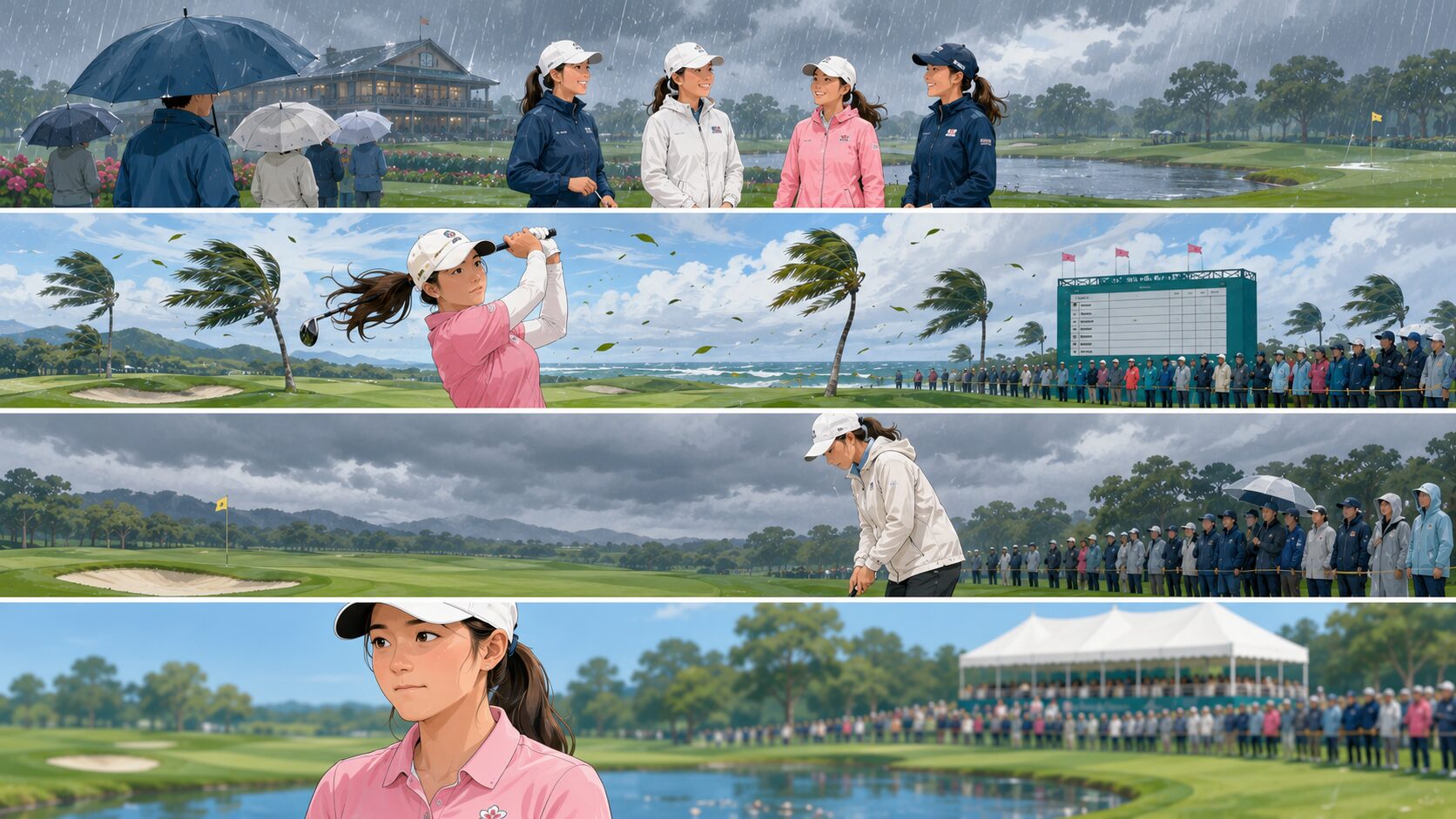 初日は雨の影響でスタートが遅れた中で4人が首位に並んだのイメージ画像